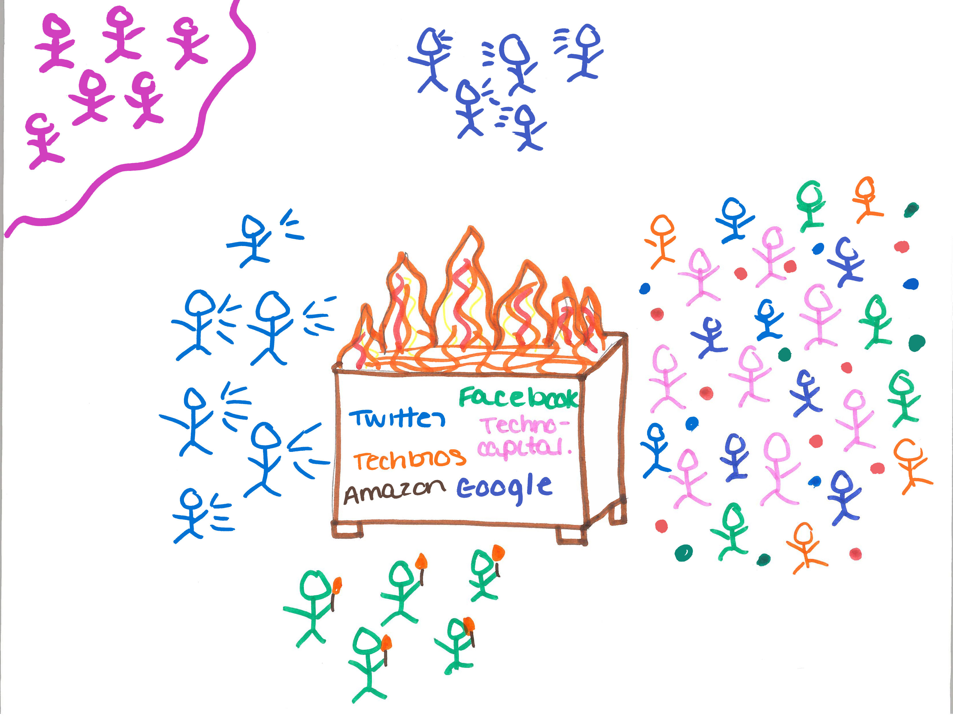 The internet is depicted as a dumpster fire, surrounded by stick figures representing different types of users